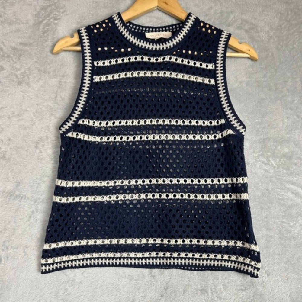 Solitare‎ Crochet Knit Sleeveless Mock Neck Top Navy White Striped S Nautical